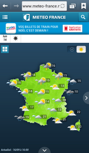 La météo en France sur le site mobile