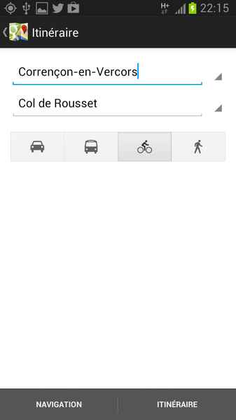 Choix de l'itinéraire en version mobile