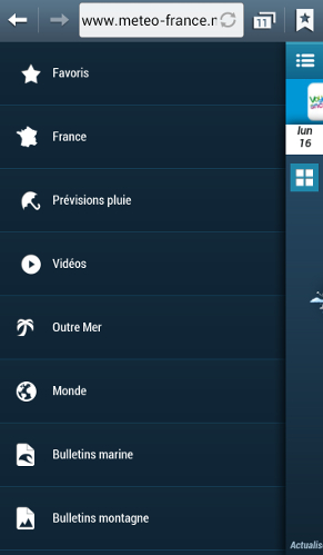 Menu de la version mobile du site de Météo France